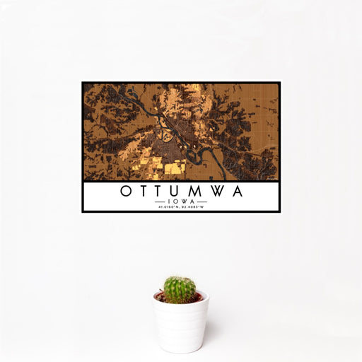 12x18 Ottumwa Iowa Map Print Landscape Orientation in Ember Style With Small Cactus Plant in White Planter
