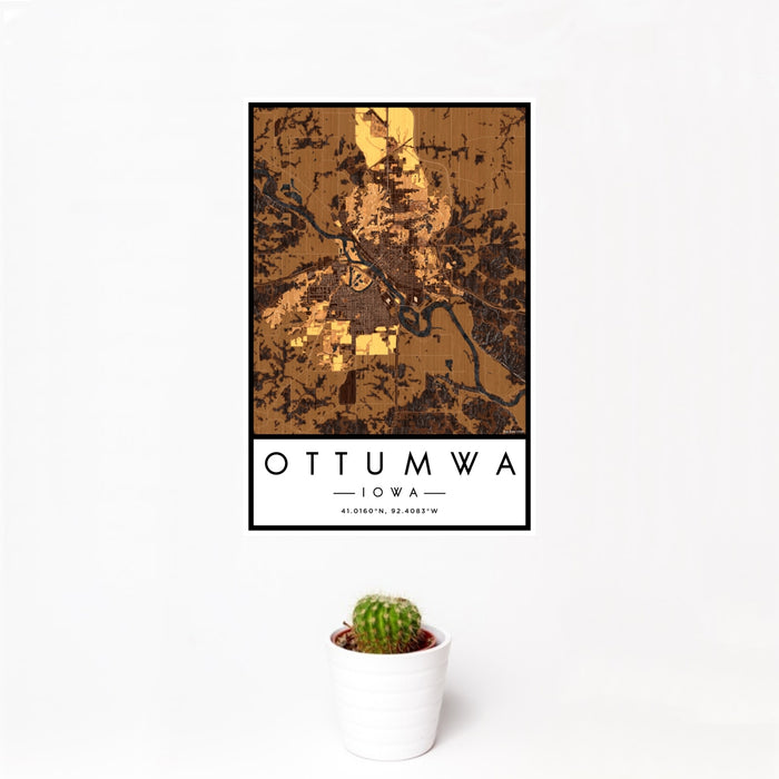 12x18 Ottumwa Iowa Map Print Portrait Orientation in Ember Style With Small Cactus Plant in White Planter