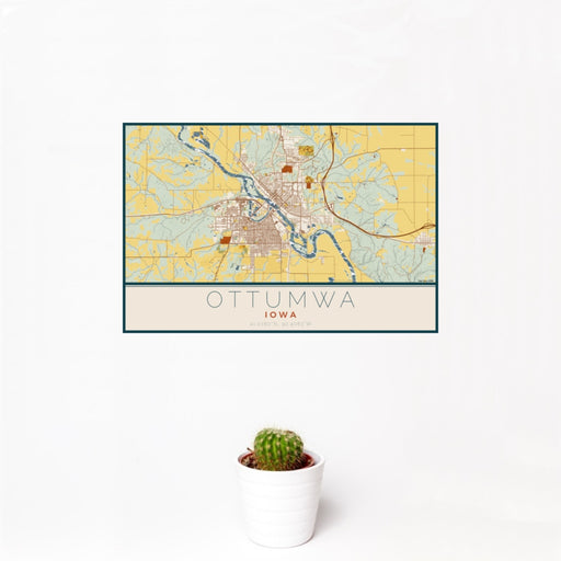 12x18 Ottumwa Iowa Map Print Landscape Orientation in Woodblock Style With Small Cactus Plant in White Planter