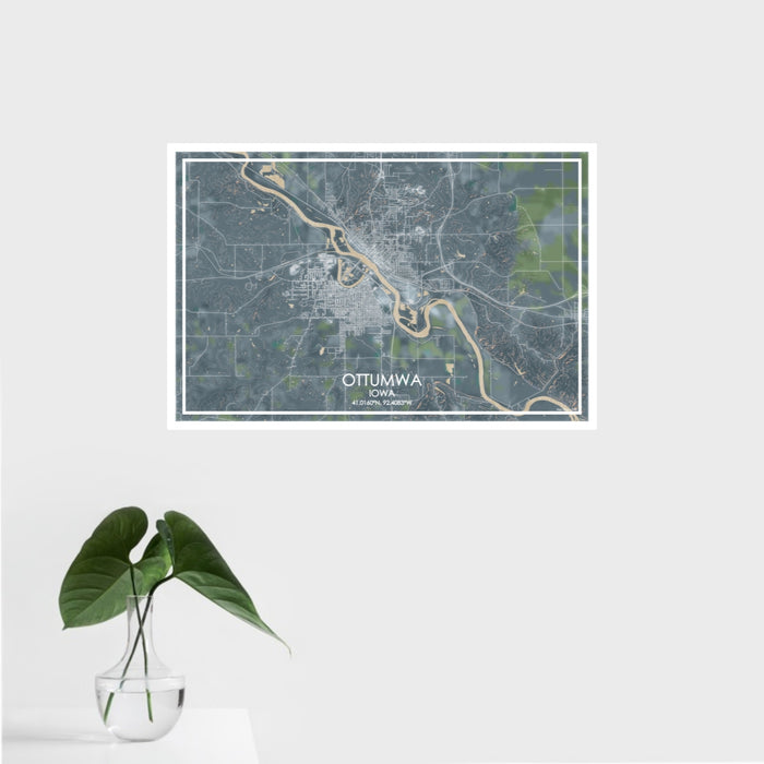 16x24 Ottumwa Iowa Map Print Landscape Orientation in Afternoon Style With Tropical Plant Leaves in Water