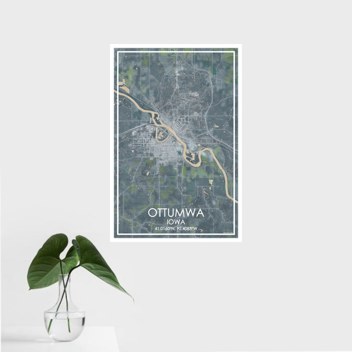 16x24 Ottumwa Iowa Map Print Portrait Orientation in Afternoon Style With Tropical Plant Leaves in Water