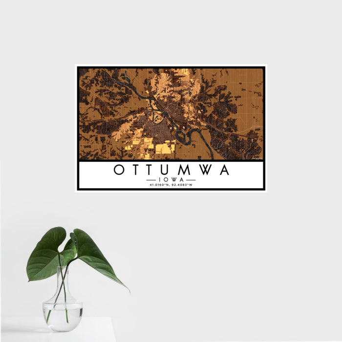 16x24 Ottumwa Iowa Map Print Landscape Orientation in Ember Style With Tropical Plant Leaves in Water