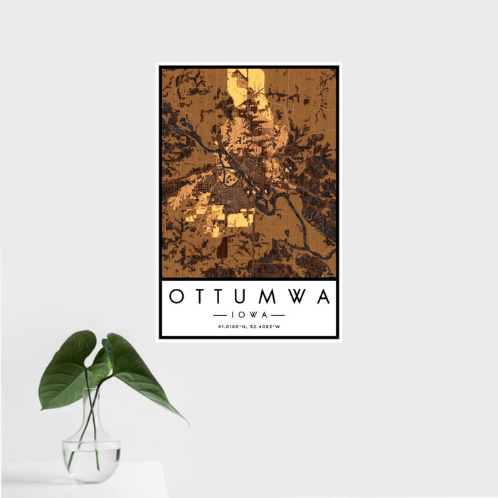 16x24 Ottumwa Iowa Map Print Portrait Orientation in Ember Style With Tropical Plant Leaves in Water