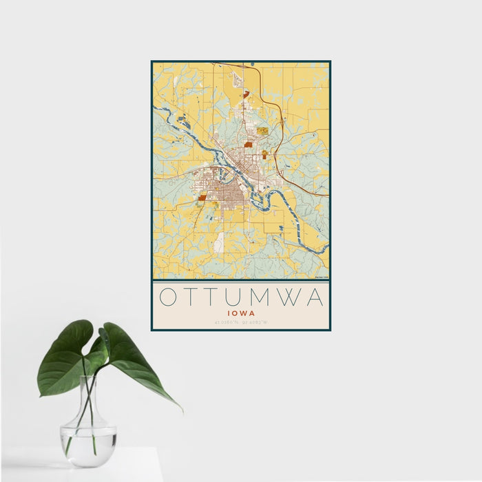 16x24 Ottumwa Iowa Map Print Portrait Orientation in Woodblock Style With Tropical Plant Leaves in Water