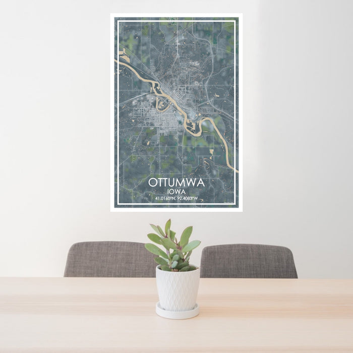 24x36 Ottumwa Iowa Map Print Portrait Orientation in Afternoon Style Behind 2 Chairs Table and Potted Plant