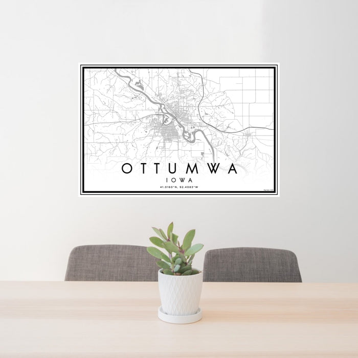 24x36 Ottumwa Iowa Map Print Lanscape Orientation in Classic Style Behind 2 Chairs Table and Potted Plant