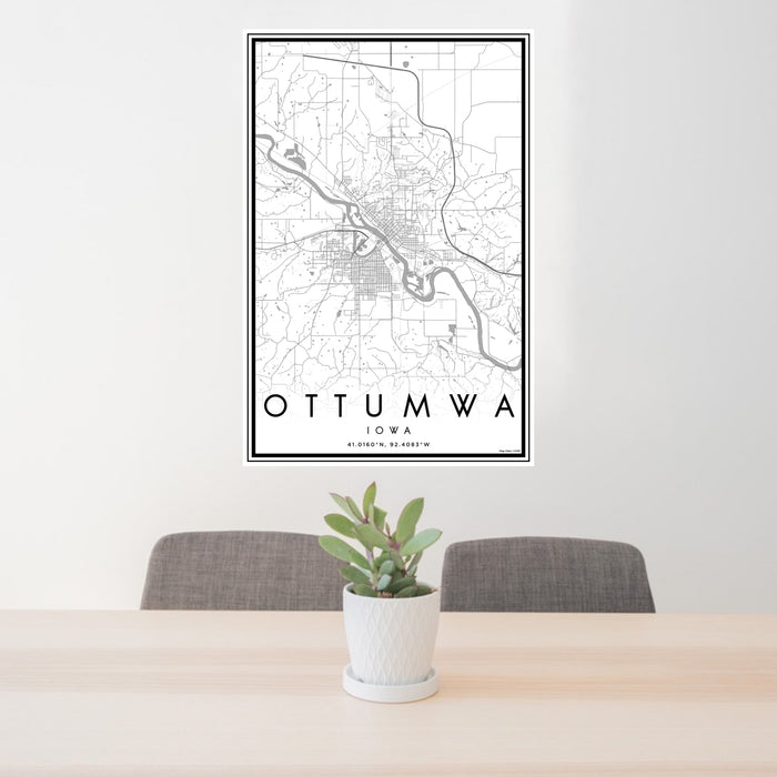 24x36 Ottumwa Iowa Map Print Portrait Orientation in Classic Style Behind 2 Chairs Table and Potted Plant