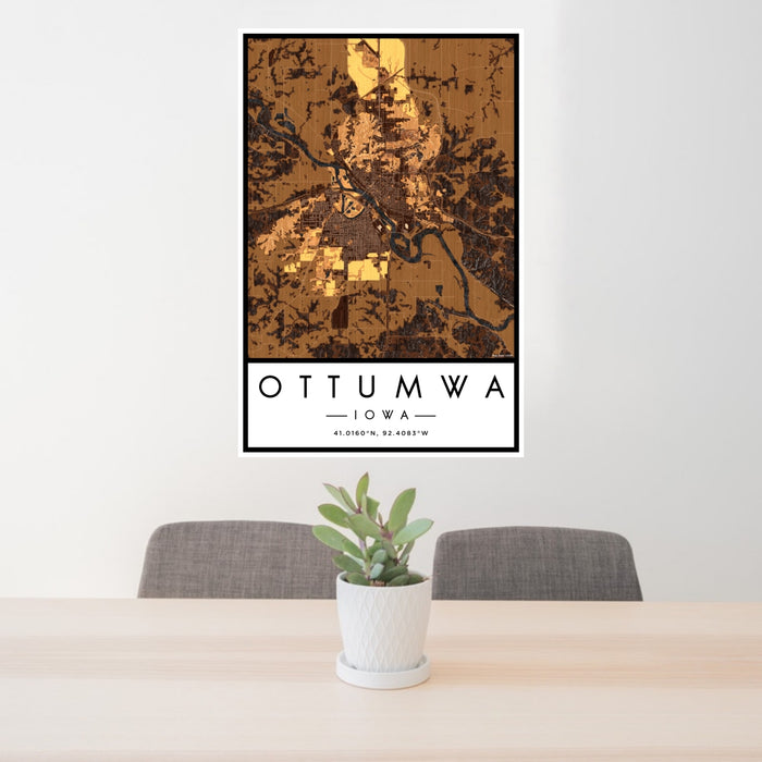 24x36 Ottumwa Iowa Map Print Portrait Orientation in Ember Style Behind 2 Chairs Table and Potted Plant