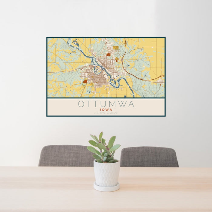 24x36 Ottumwa Iowa Map Print Lanscape Orientation in Woodblock Style Behind 2 Chairs Table and Potted Plant