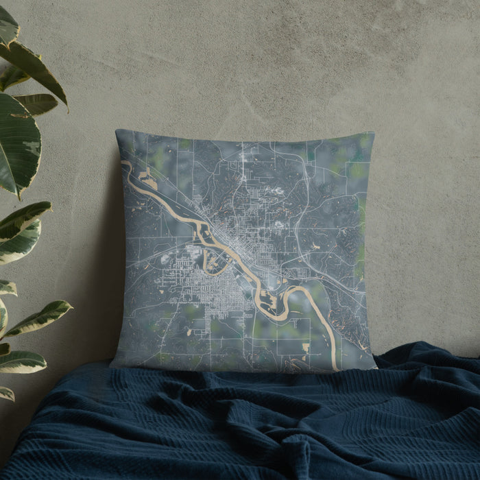 Custom Ottumwa Iowa Map Throw Pillow in Afternoon on Bedding Against Wall