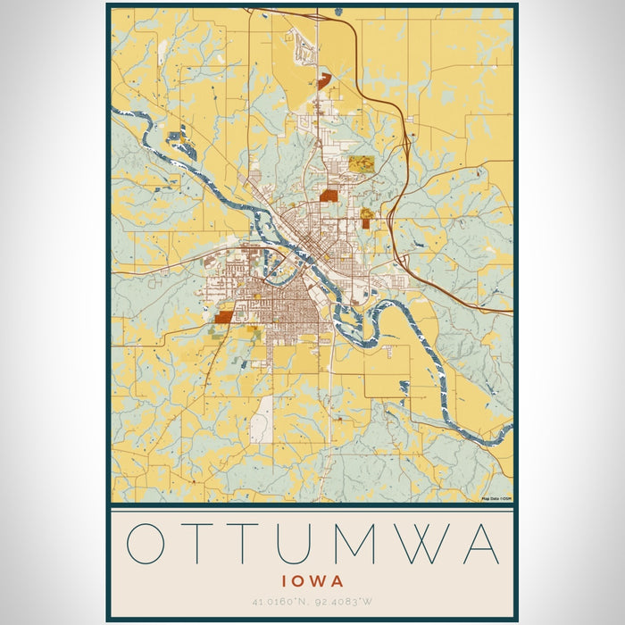 Ottumwa Iowa Map Print Portrait Orientation in Woodblock Style With Shaded Background