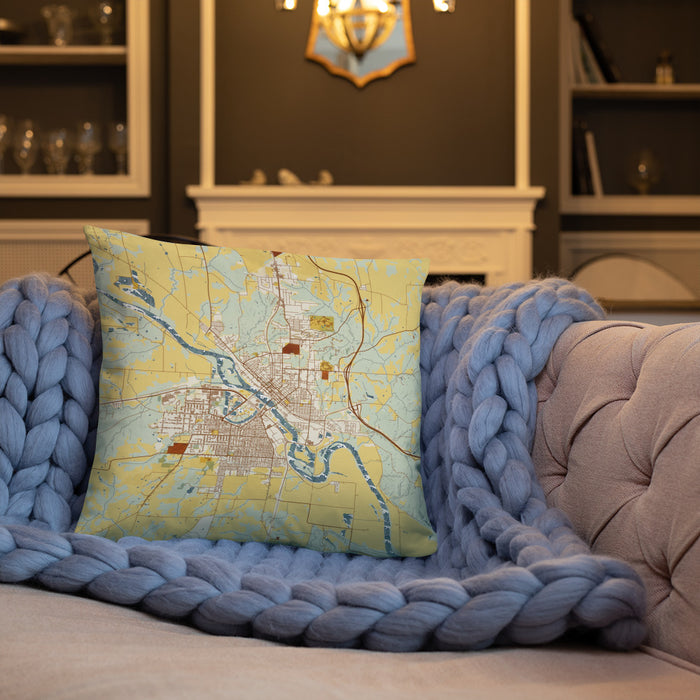Custom Ottumwa Iowa Map Throw Pillow in Woodblock on Cream Colored Couch