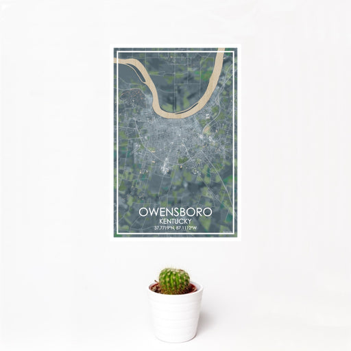 12x18 Owensboro Kentucky Map Print Portrait Orientation in Afternoon Style With Small Cactus Plant in White Planter