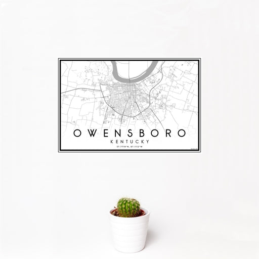 12x18 Owensboro Kentucky Map Print Landscape Orientation in Classic Style With Small Cactus Plant in White Planter