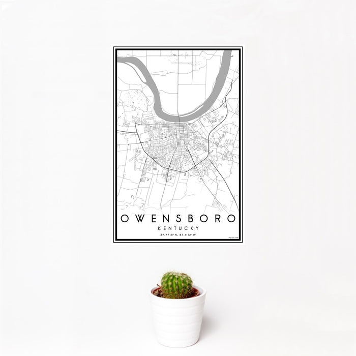 12x18 Owensboro Kentucky Map Print Portrait Orientation in Classic Style With Small Cactus Plant in White Planter
