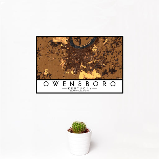 12x18 Owensboro Kentucky Map Print Landscape Orientation in Ember Style With Small Cactus Plant in White Planter