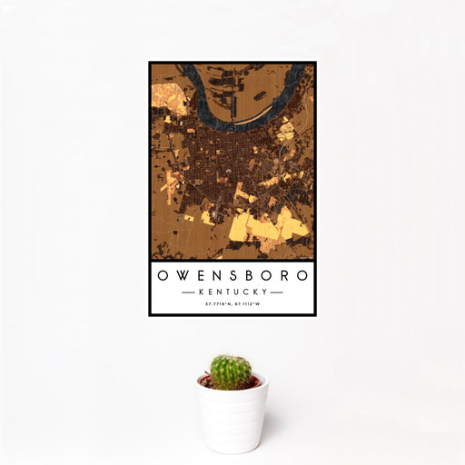 12x18 Owensboro Kentucky Map Print Portrait Orientation in Ember Style With Small Cactus Plant in White Planter