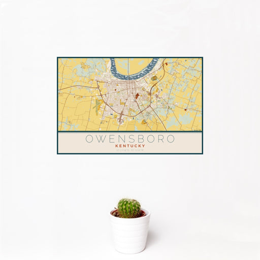 12x18 Owensboro Kentucky Map Print Landscape Orientation in Woodblock Style With Small Cactus Plant in White Planter