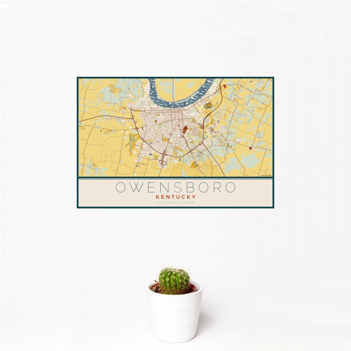 12x18 Owensboro Kentucky Map Print Landscape Orientation in Woodblock Style With Small Cactus Plant in White Planter