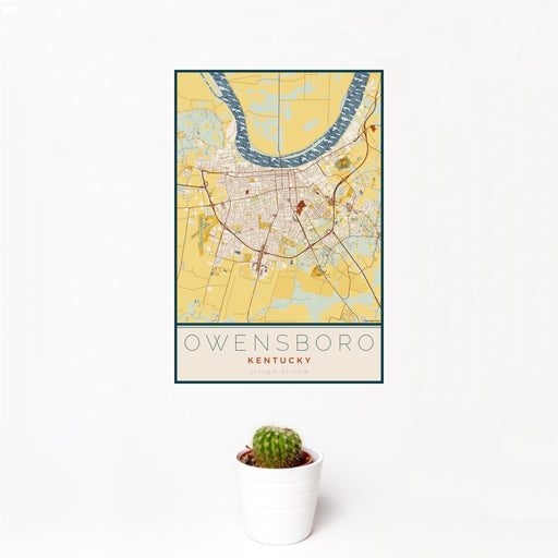 12x18 Owensboro Kentucky Map Print Portrait Orientation in Woodblock Style With Small Cactus Plant in White Planter