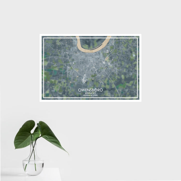 16x24 Owensboro Kentucky Map Print Landscape Orientation in Afternoon Style With Tropical Plant Leaves in Water
