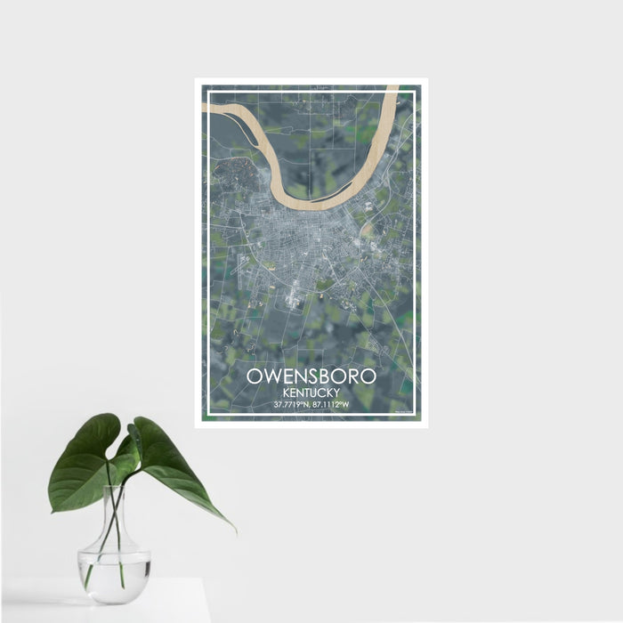 16x24 Owensboro Kentucky Map Print Portrait Orientation in Afternoon Style With Tropical Plant Leaves in Water