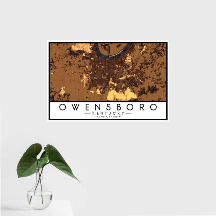 16x24 Owensboro Kentucky Map Print Landscape Orientation in Ember Style With Tropical Plant Leaves in Water