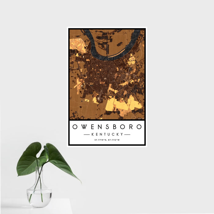 16x24 Owensboro Kentucky Map Print Portrait Orientation in Ember Style With Tropical Plant Leaves in Water