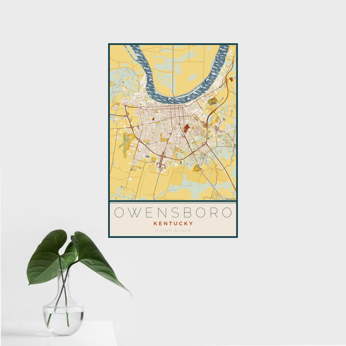 16x24 Owensboro Kentucky Map Print Portrait Orientation in Woodblock Style With Tropical Plant Leaves in Water