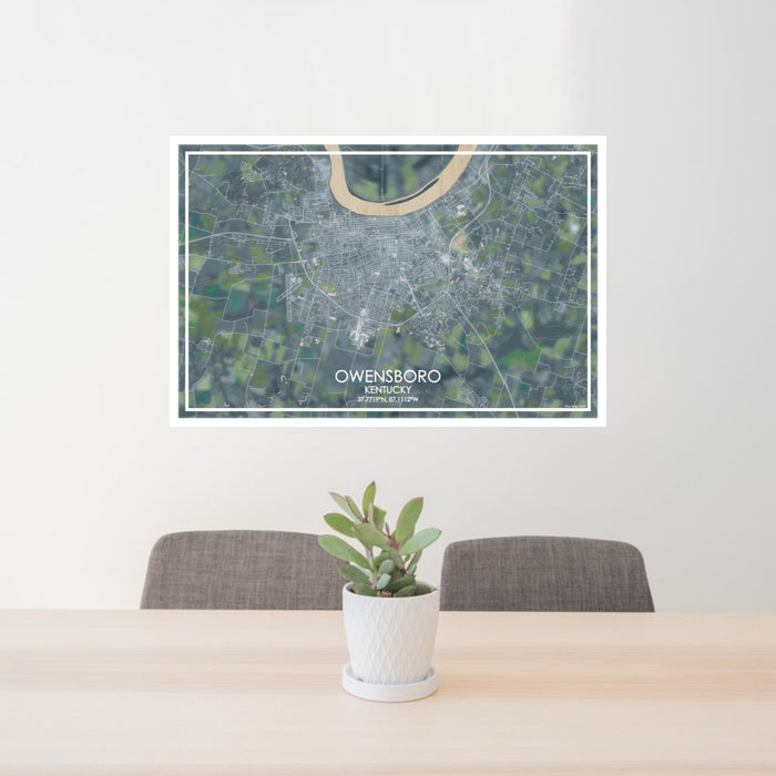 24x36 Owensboro Kentucky Map Print Lanscape Orientation in Afternoon Style Behind 2 Chairs Table and Potted Plant