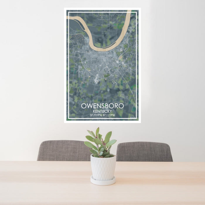 24x36 Owensboro Kentucky Map Print Portrait Orientation in Afternoon Style Behind 2 Chairs Table and Potted Plant