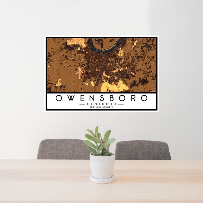 24x36 Owensboro Kentucky Map Print Lanscape Orientation in Ember Style Behind 2 Chairs Table and Potted Plant
