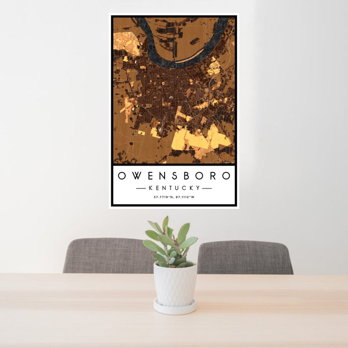 24x36 Owensboro Kentucky Map Print Portrait Orientation in Ember Style Behind 2 Chairs Table and Potted Plant