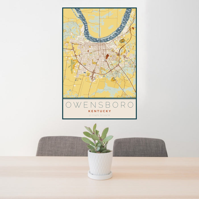 24x36 Owensboro Kentucky Map Print Portrait Orientation in Woodblock Style Behind 2 Chairs Table and Potted Plant