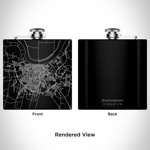 Rendered View of Owensboro Kentucky Map Engraving on 6oz Stainless Steel Flask in Black