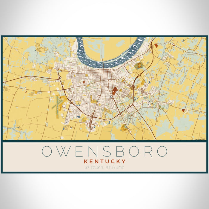 Owensboro Kentucky Map Print Landscape Orientation in Woodblock Style With Shaded Background