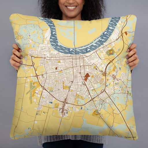 Person holding 22x22 Custom Owensboro Kentucky Map Throw Pillow in Woodblock