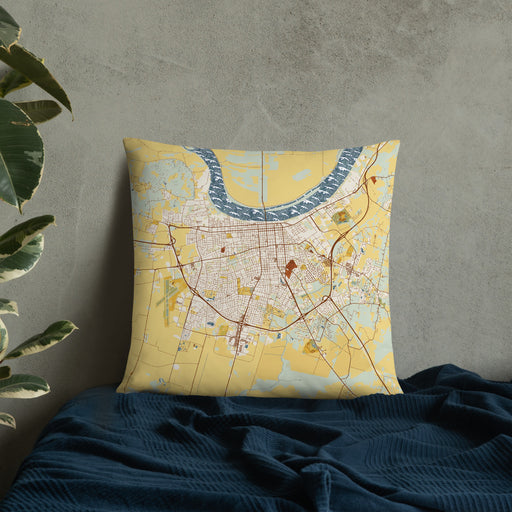 Custom Owensboro Kentucky Map Throw Pillow in Woodblock on Bedding Against Wall
