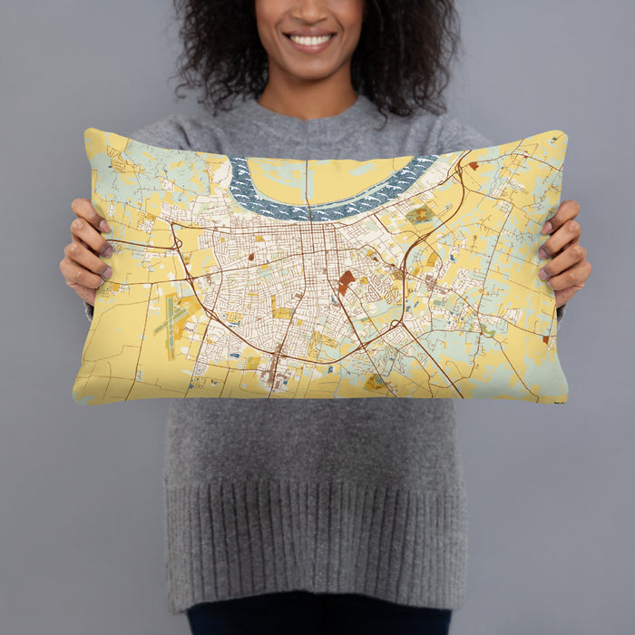 Person holding 20x12 Custom Owensboro Kentucky Map Throw Pillow in Woodblock