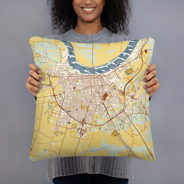 Person holding 18x18 Custom Owensboro Kentucky Map Throw Pillow in Woodblock