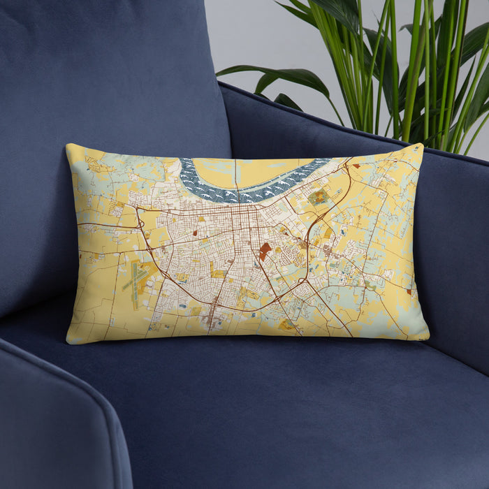 Custom Owensboro Kentucky Map Throw Pillow in Woodblock on Blue Colored Chair