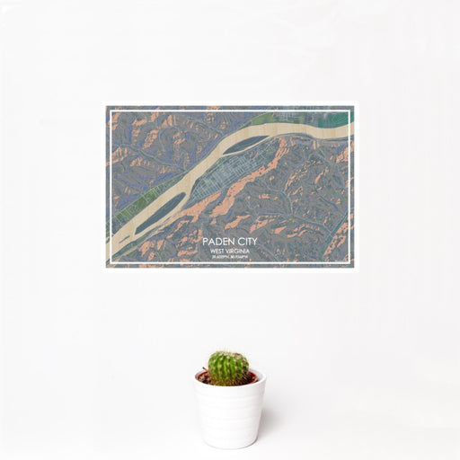 12x18 Paden City West Virginia Map Print Landscape Orientation in Afternoon Style With Small Cactus Plant in White Planter