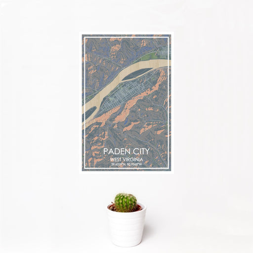 12x18 Paden City West Virginia Map Print Portrait Orientation in Afternoon Style With Small Cactus Plant in White Planter