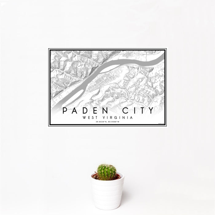 12x18 Paden City West Virginia Map Print Landscape Orientation in Classic Style With Small Cactus Plant in White Planter