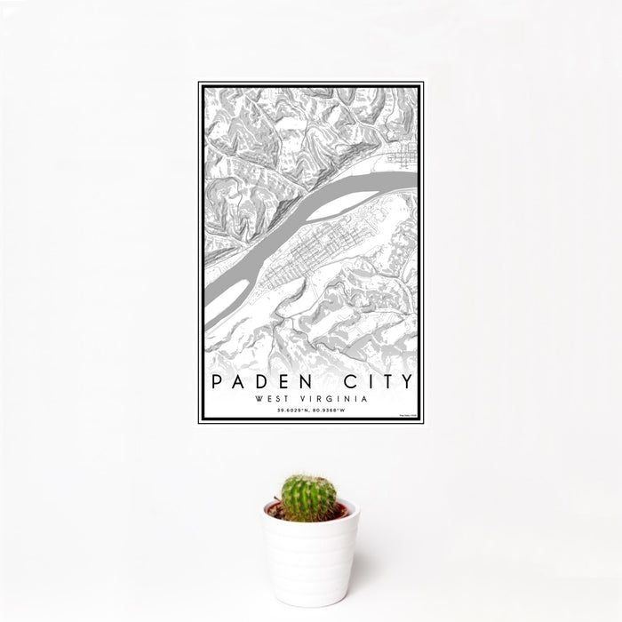 12x18 Paden City West Virginia Map Print Portrait Orientation in Classic Style With Small Cactus Plant in White Planter