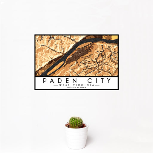 12x18 Paden City West Virginia Map Print Landscape Orientation in Ember Style With Small Cactus Plant in White Planter