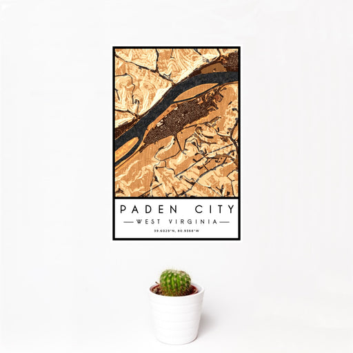 12x18 Paden City West Virginia Map Print Portrait Orientation in Ember Style With Small Cactus Plant in White Planter