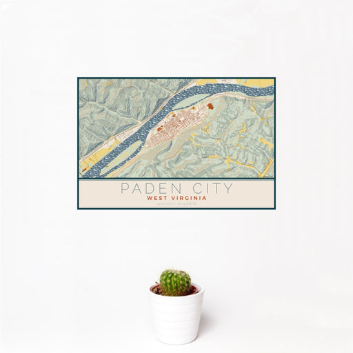 12x18 Paden City West Virginia Map Print Landscape Orientation in Woodblock Style With Small Cactus Plant in White Planter
