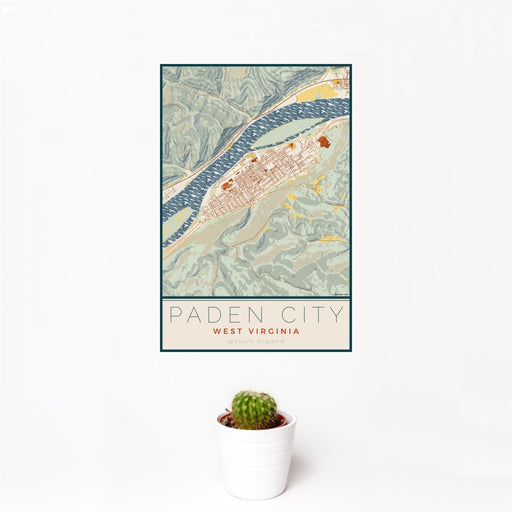 12x18 Paden City West Virginia Map Print Portrait Orientation in Woodblock Style With Small Cactus Plant in White Planter
