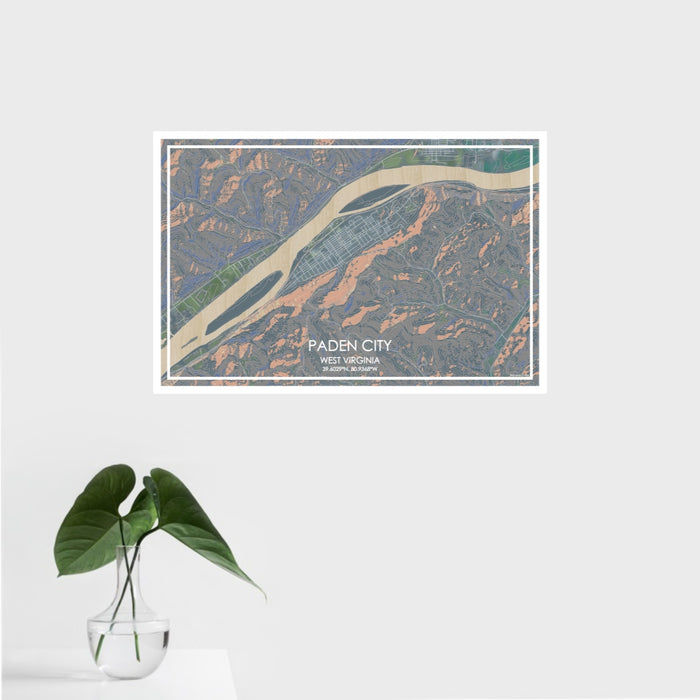 16x24 Paden City West Virginia Map Print Landscape Orientation in Afternoon Style With Tropical Plant Leaves in Water